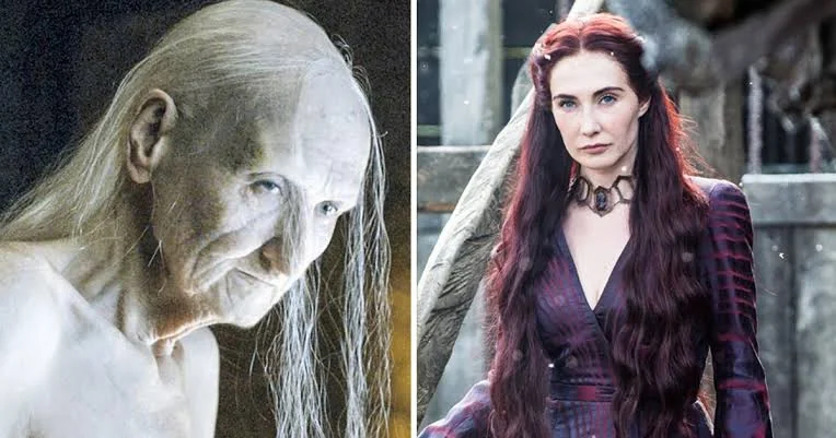 A side-by-side photo of the old and young Red Woman from HBO's Game of Thrones TV show